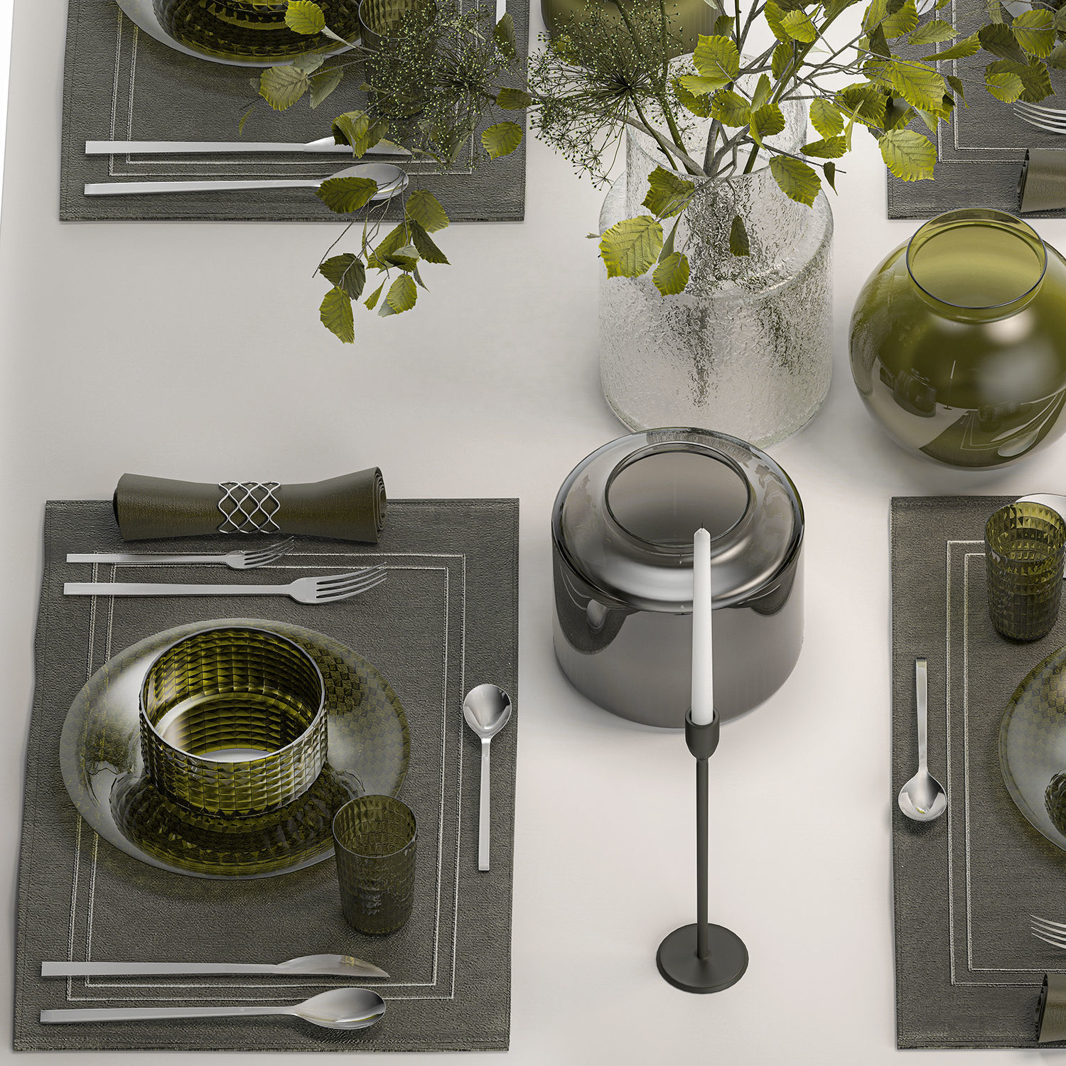 Table Setting For 4 Persons With A Bouquet 3D model_3