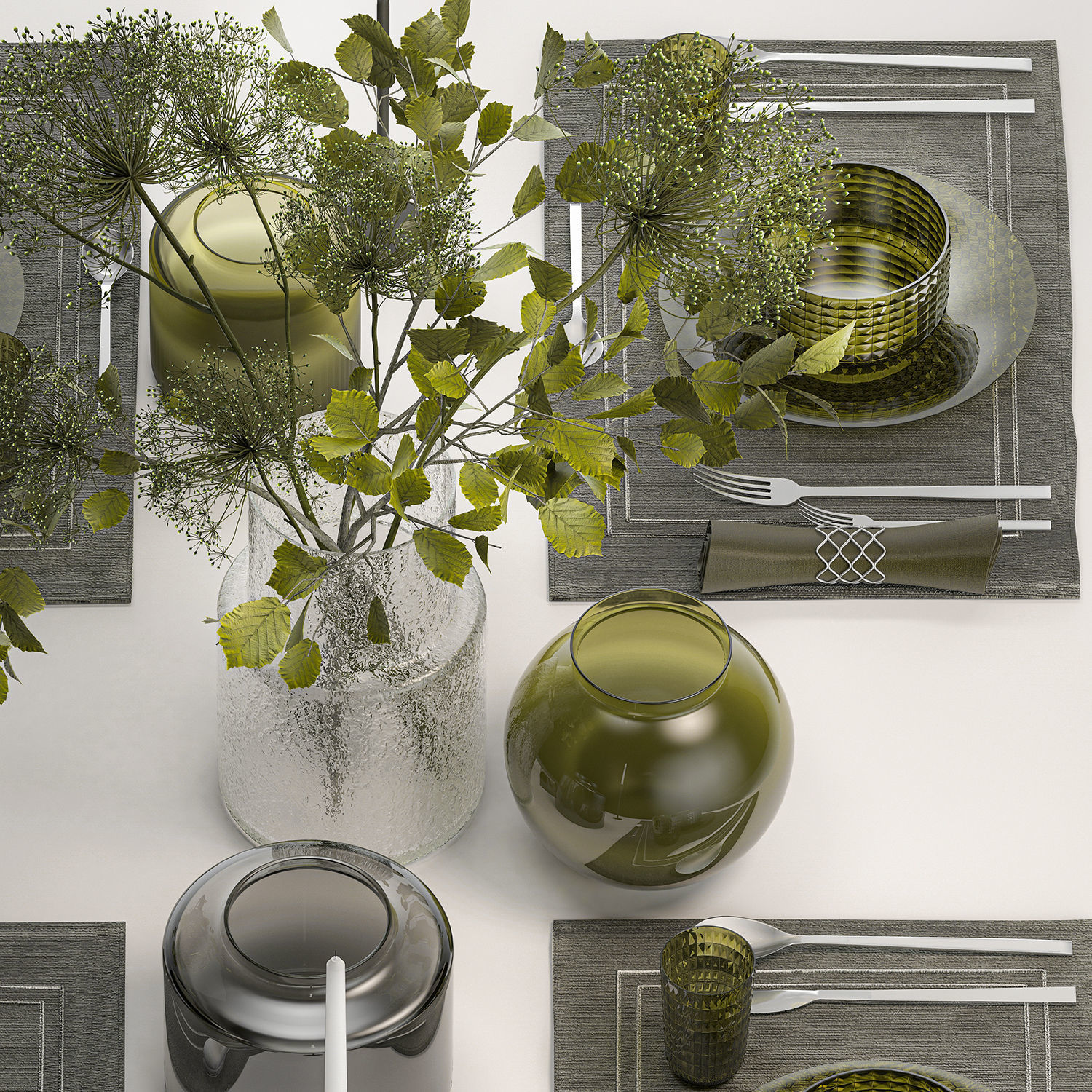 Table Setting For 4 Persons With A Bouquet 3D model_4