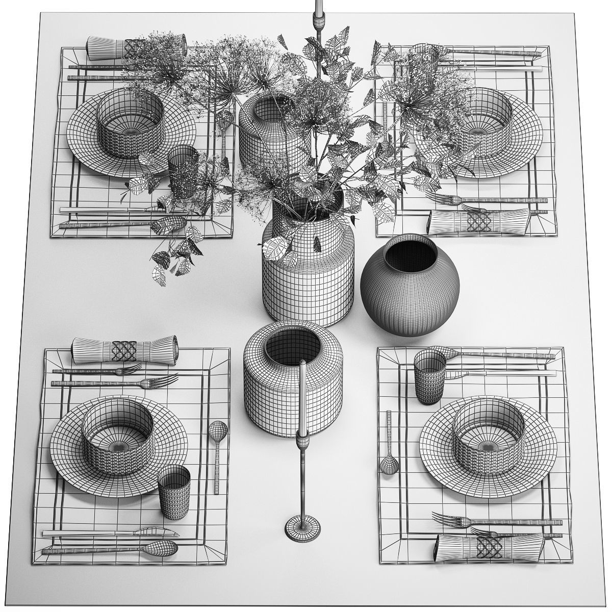 Table Setting For 4 Persons With A Bouquet 3D model_6