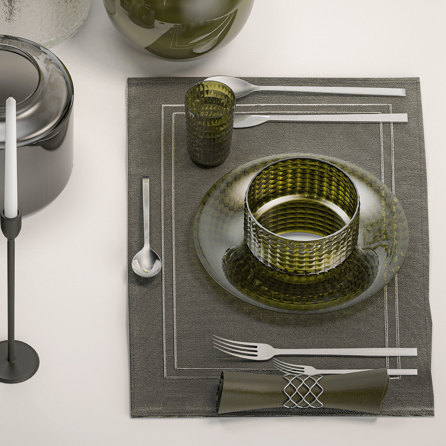 Table Setting For 4 Persons With A Bouquet 3D model_5