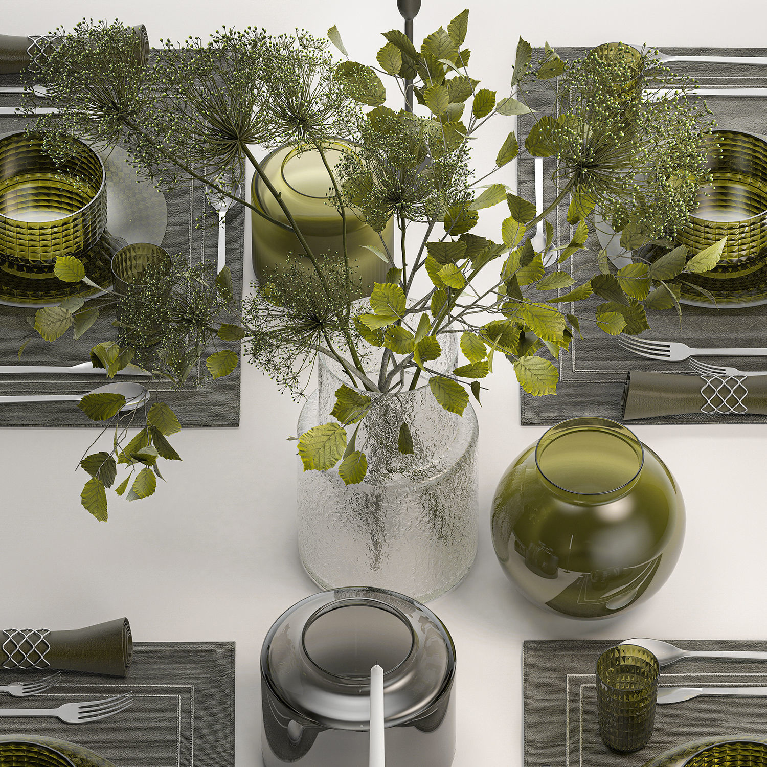 Table Setting For 4 Persons With A Bouquet 3D model_1