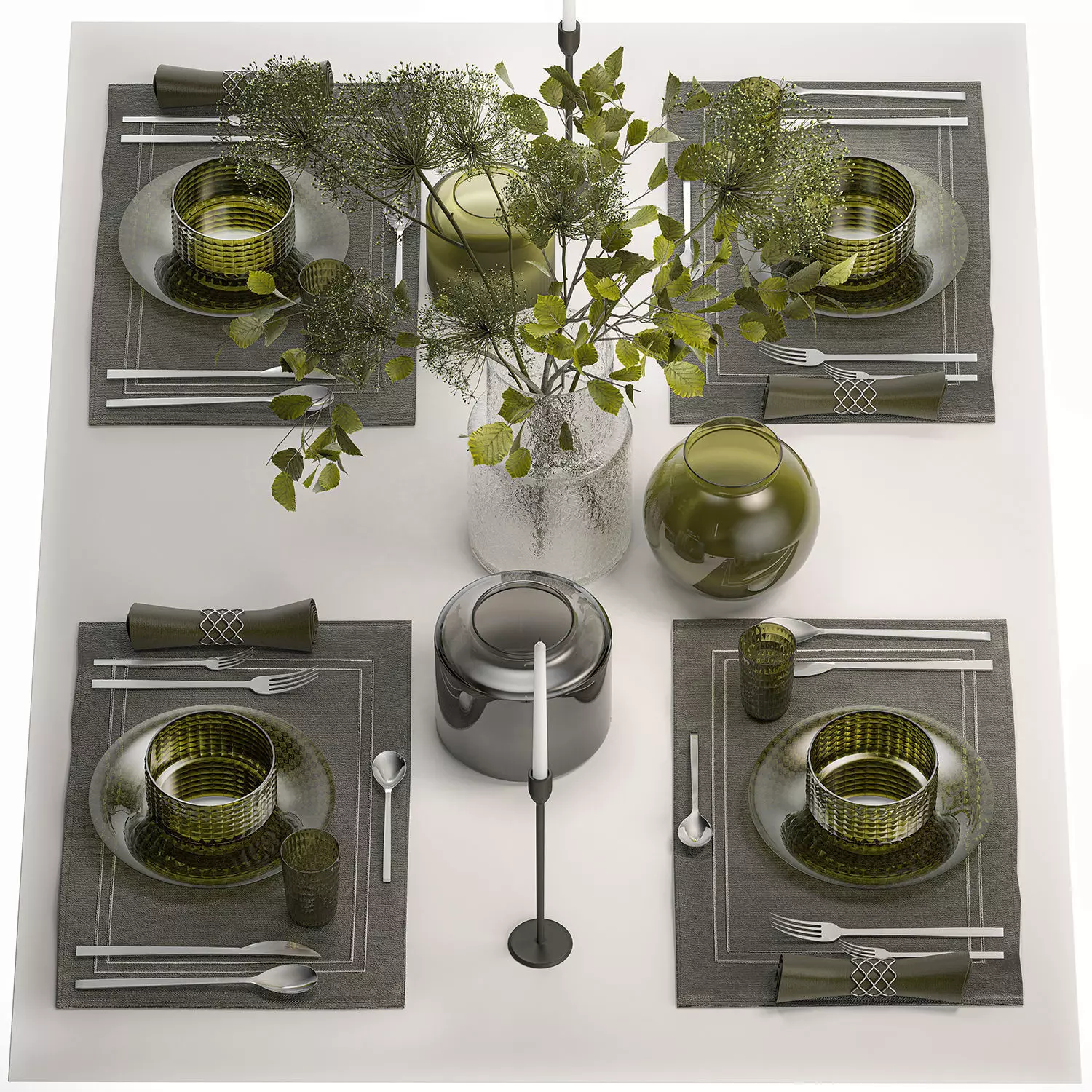 Table Setting For 4 Persons With A Bouquet 3D model_0