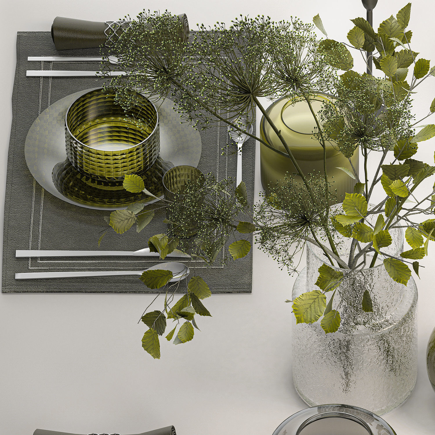Table Setting For 4 Persons With A Bouquet 3D model_2