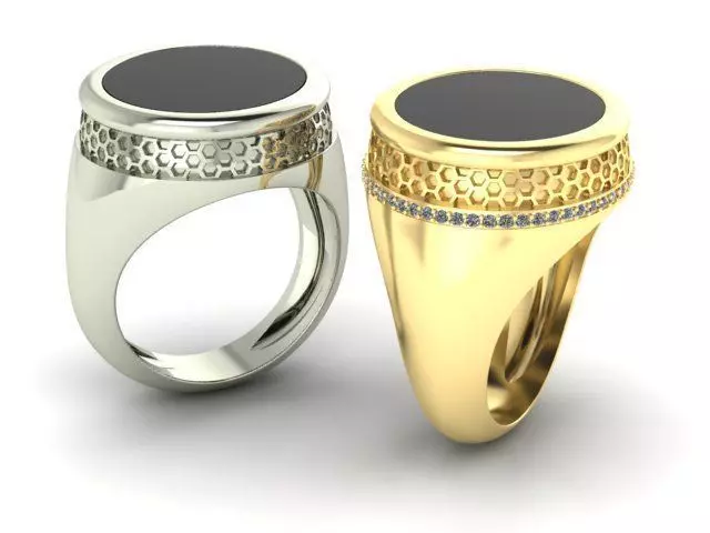 mens ring with black stone and pattern two options 3D print model_0
