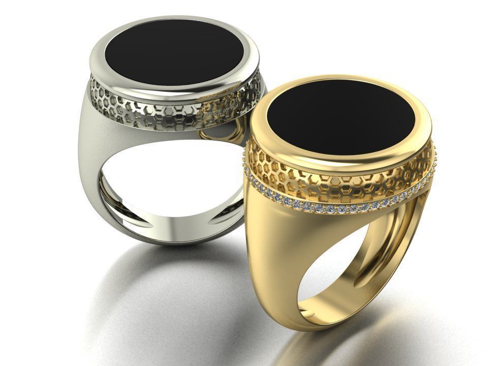 mens ring with black stone and pattern two options 3D print model_3