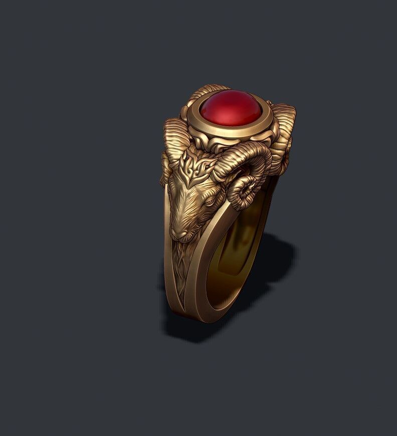 two head ram ring with gem 3D print model_2