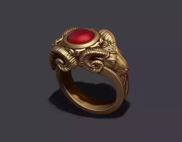 two head ram ring with gem 3D print model