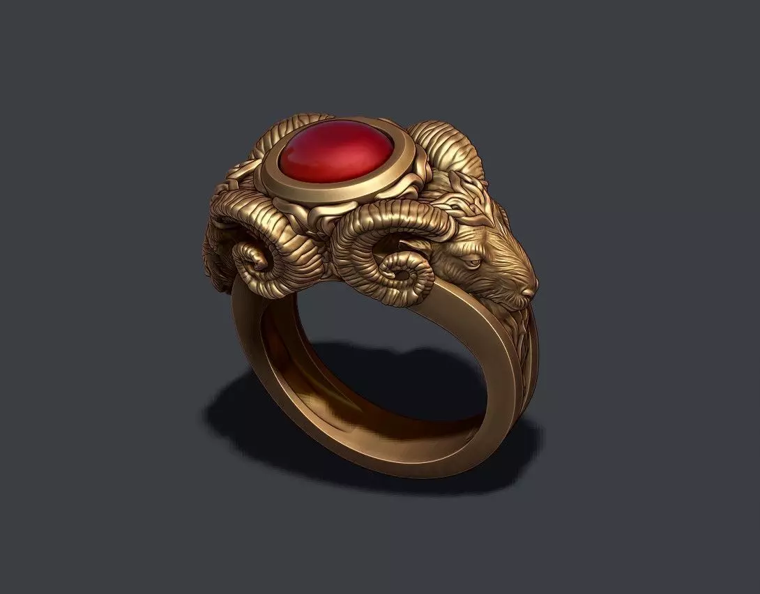 two head ram ring with gem 3D print model_0