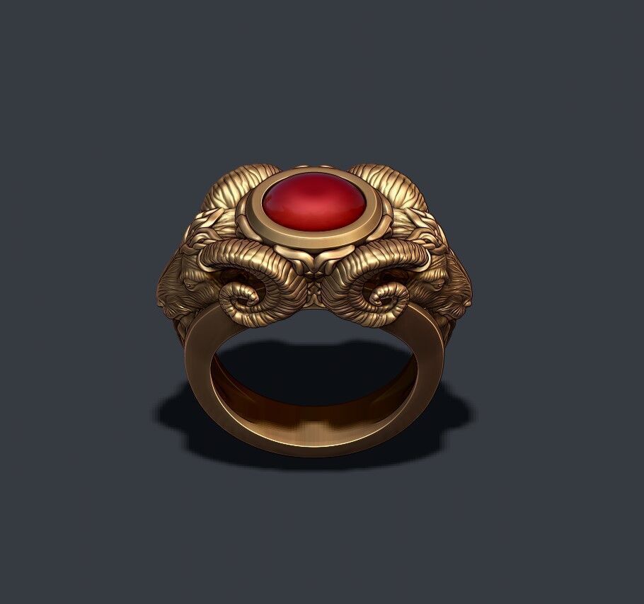 two head ram ring with gem 3D print model_4