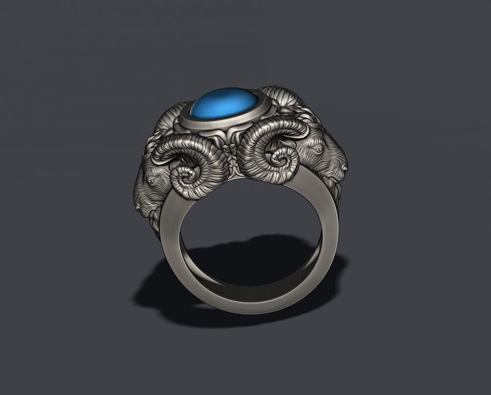 two head ram ring with gem 3D print model_3
