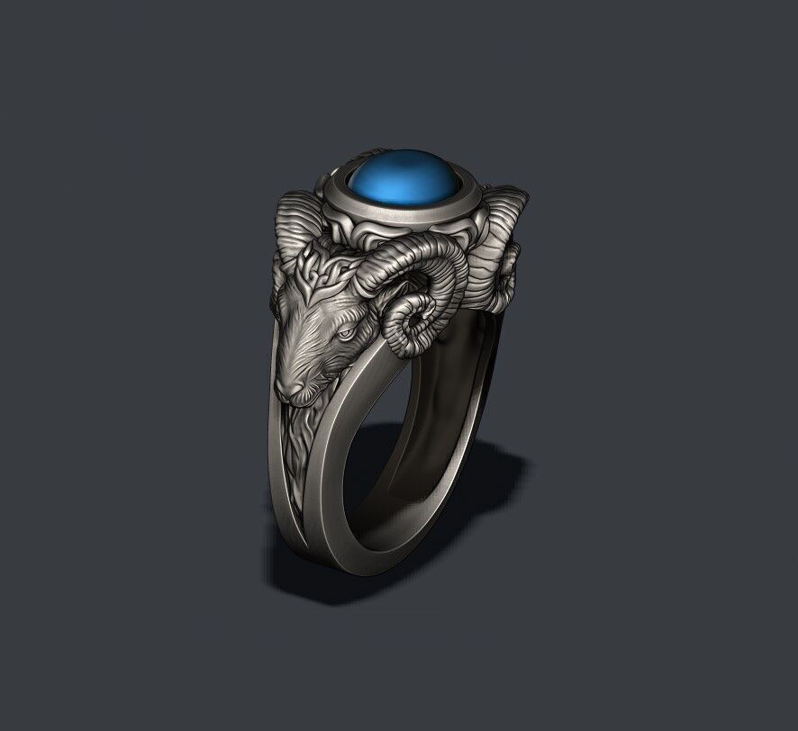 two head ram ring with gem 3D print model_7
