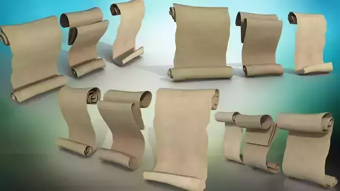 Set of three papyrus scrolls PBR Low-poly 3D model