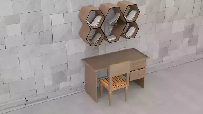 library three hexagonal shelves on wall