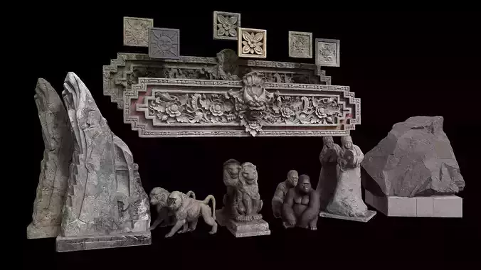 Set of old statues and ethnic deities Low-poly 3D model