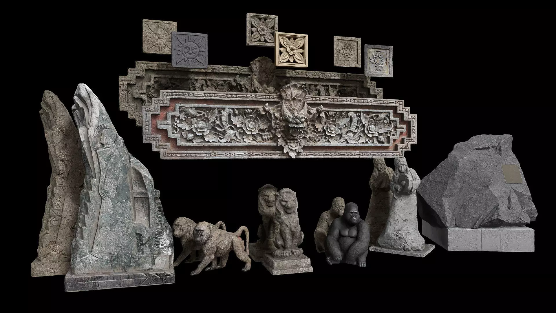 Set of old statues and ethnic deities Low-poly 3D model_0