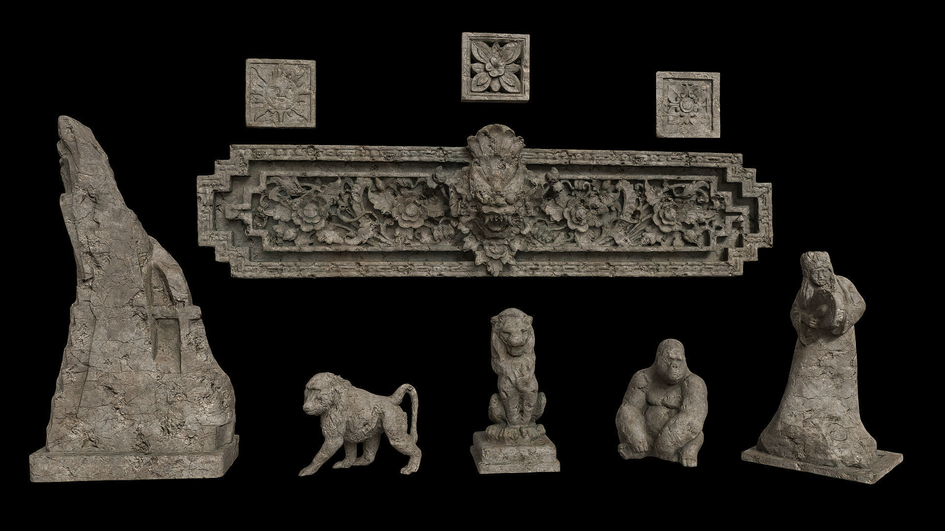 Set of old statues and ethnic deities Low-poly 3D model_9