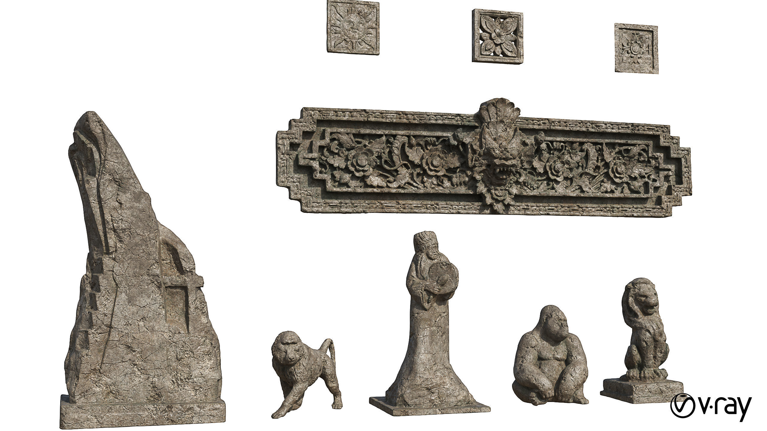 Set of old statues and ethnic deities Low-poly 3D model_13