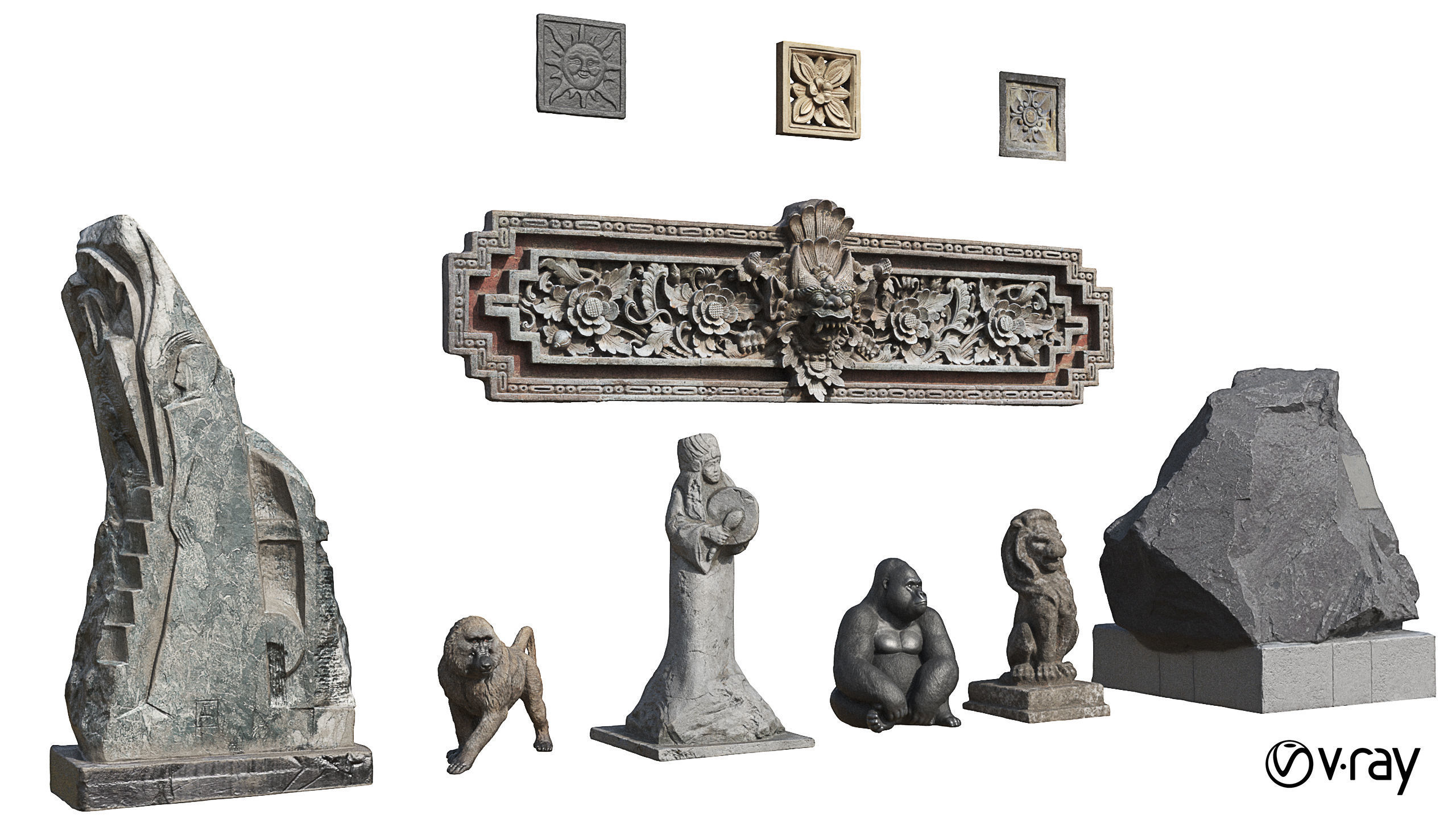 Set of old statues and ethnic deities Low-poly 3D model_14