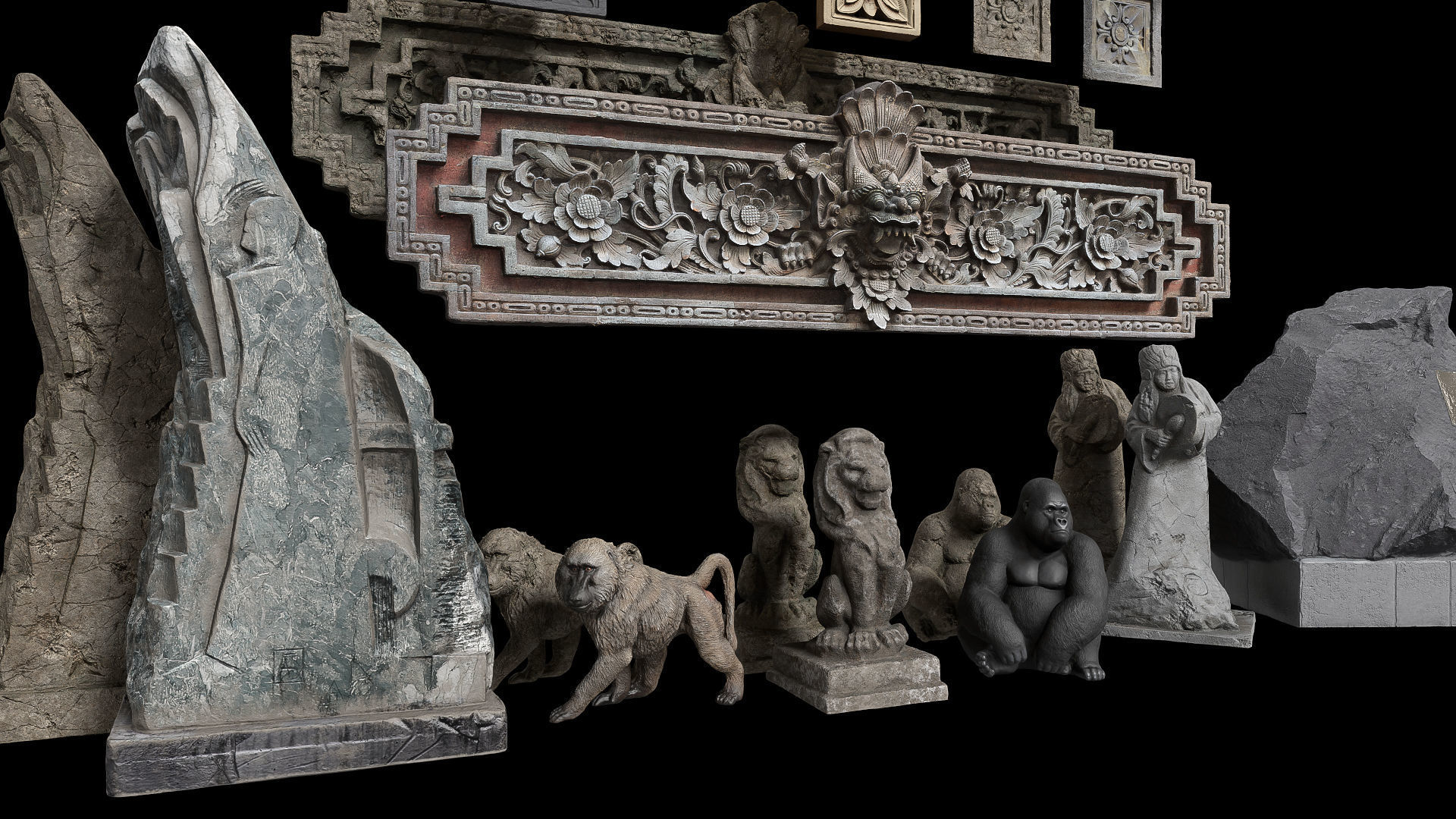 Set of old statues and ethnic deities Low-poly 3D model_2