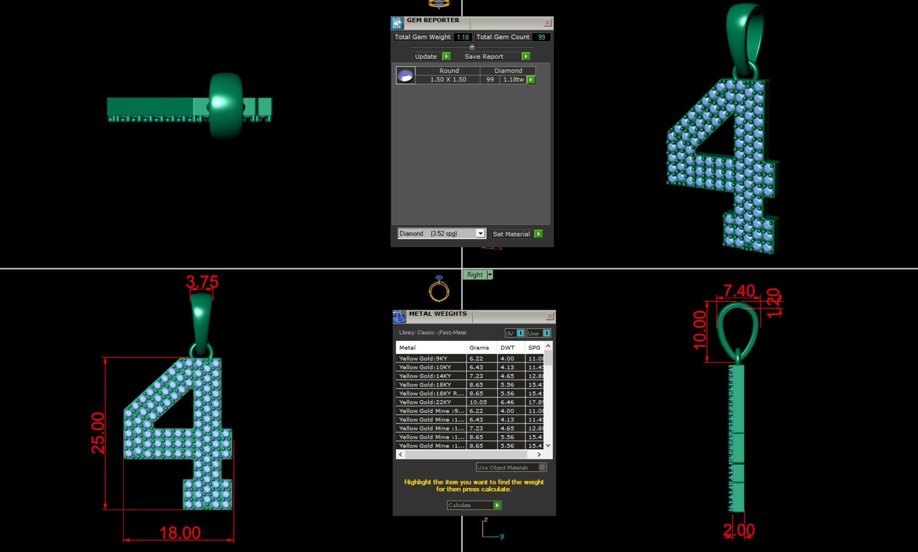 Number 4 Font Diamond Pendant  3D print model_6