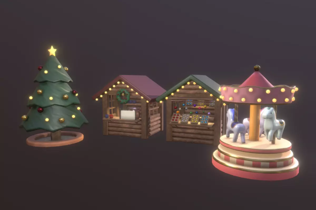 Cute ChristmasMarket Set  Low-poly 3D model_0