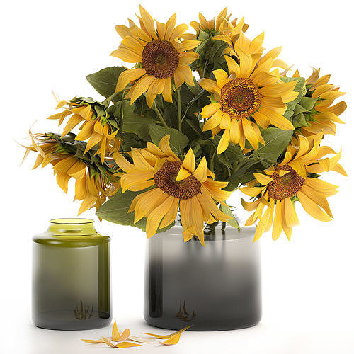 Bouquet Of Yellow Sunflowers In A Glass Vase 3D model