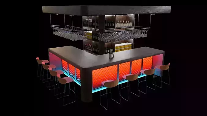 Barcounter bar with lights and chairs 3D model