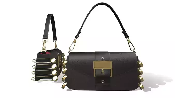 Black leather handbag with safety pin decorate