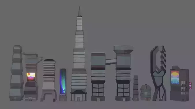 Futuristic low-poly styled buildings Low-poly 3D model