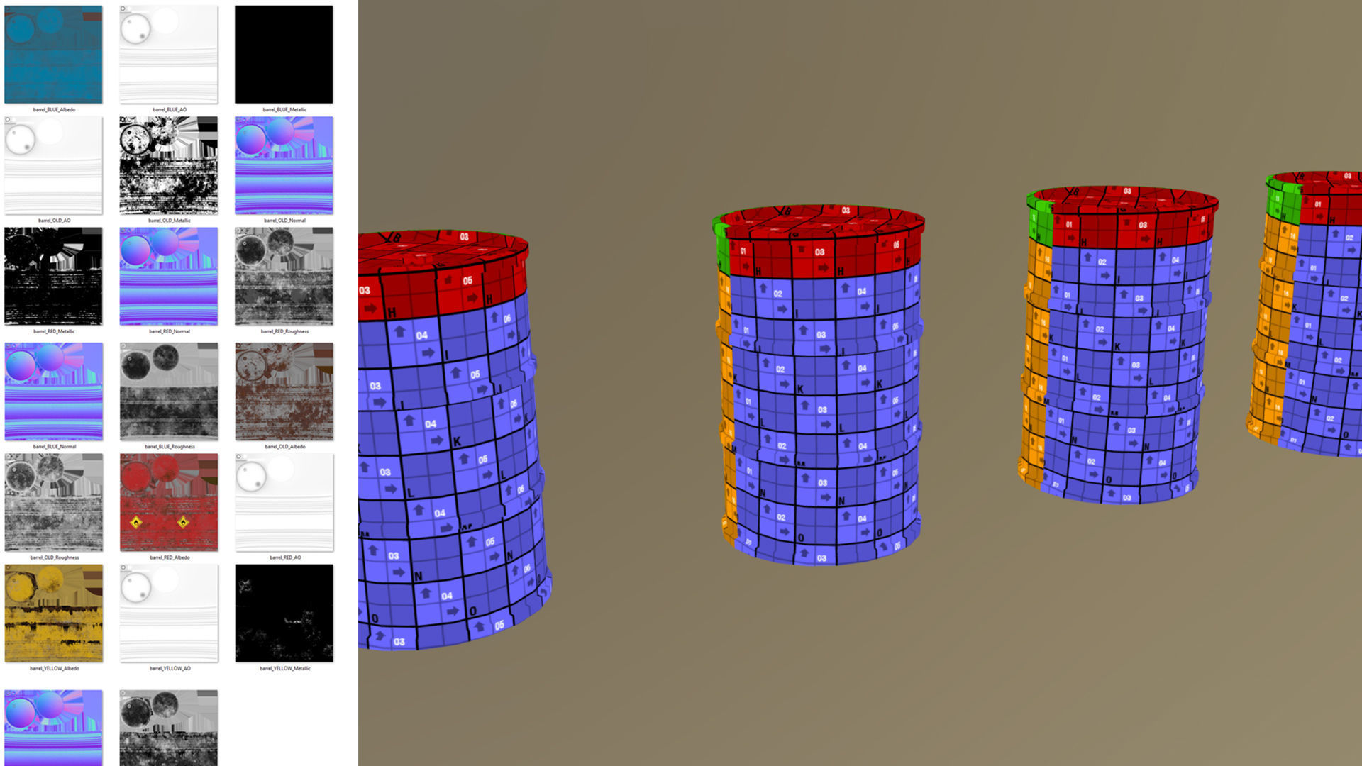 Lowpoly Barrels Set group of different colored Low-poly 3D model_6