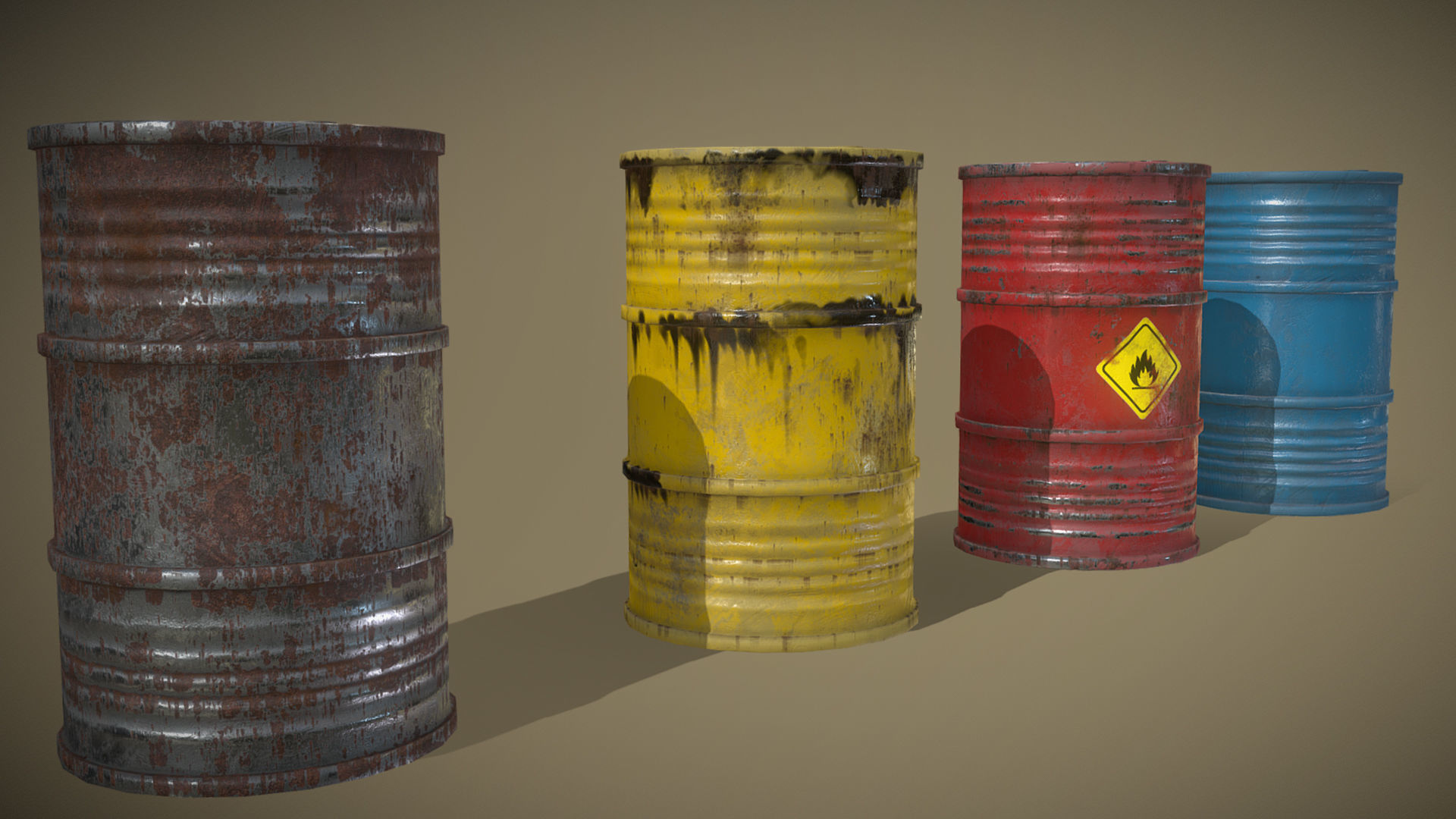 Lowpoly Barrels Set group of different colored Low-poly 3D model_4