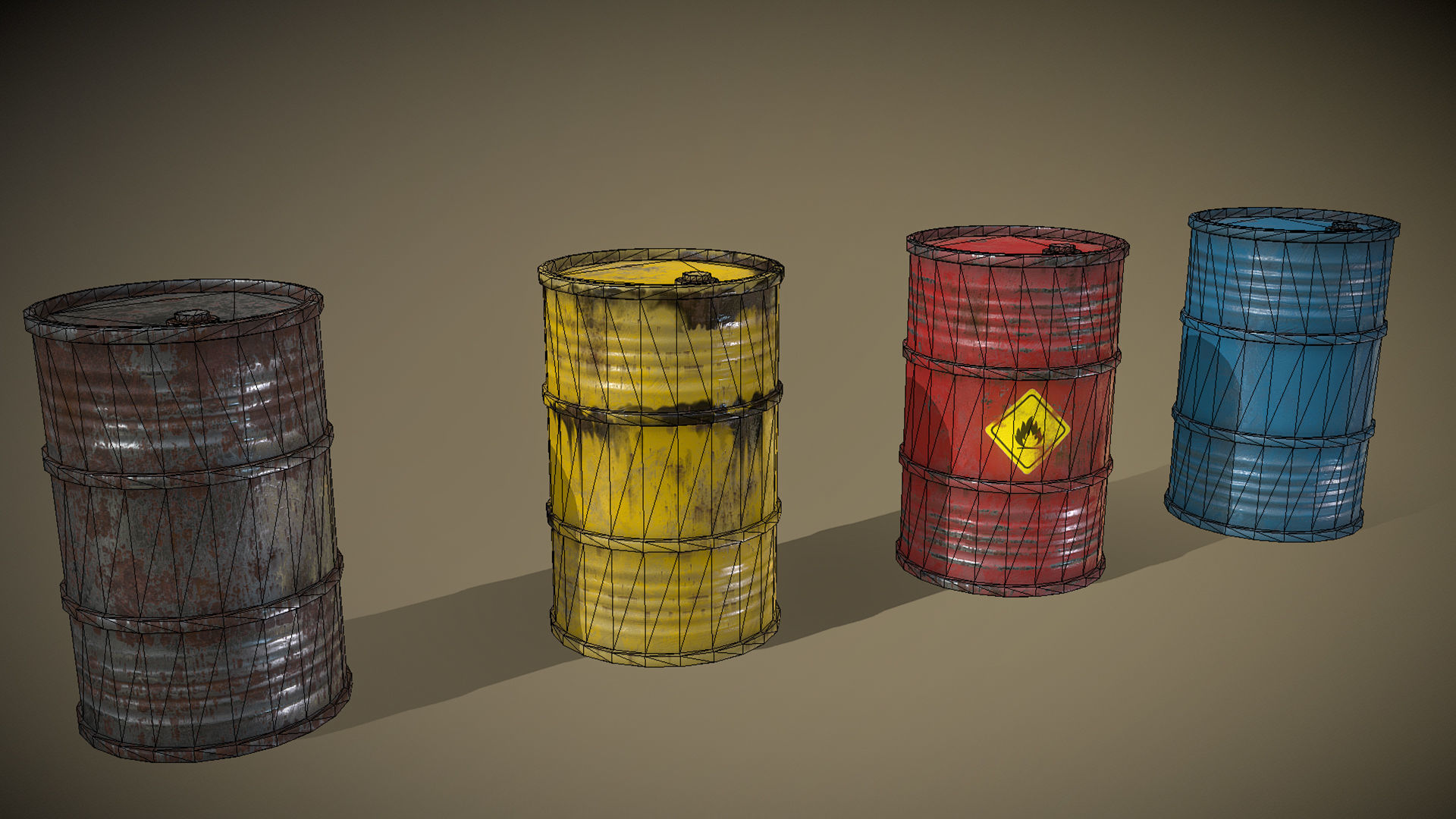 Lowpoly Barrels Set group of different colored Low-poly 3D model_1