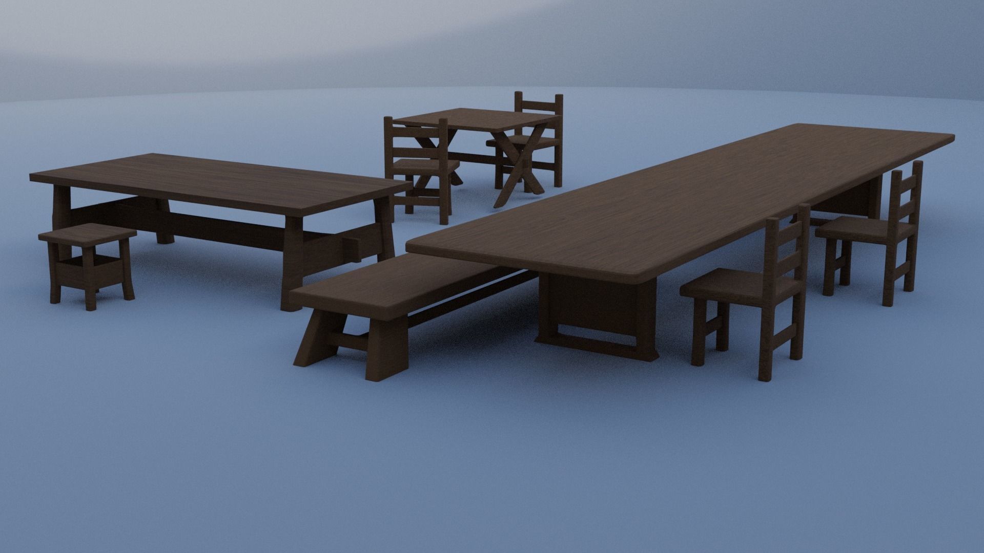 Medieval tables and chairs Low-poly 3D model_4