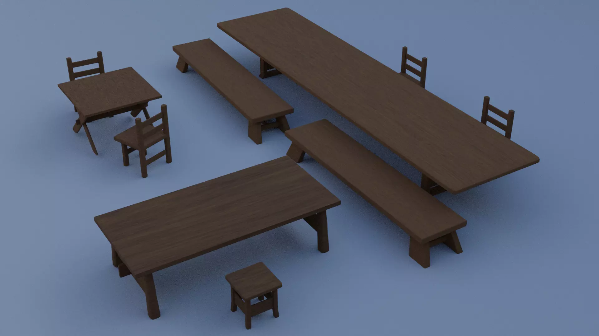 Medieval tables and chairs Low-poly 3D model_0