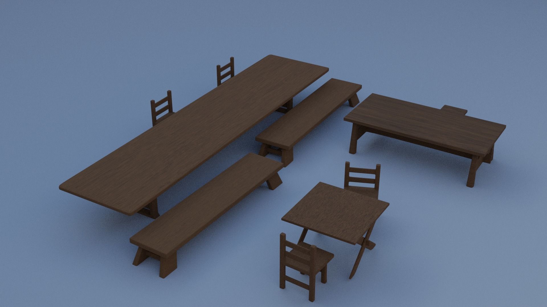 Medieval tables and chairs Low-poly 3D model_1