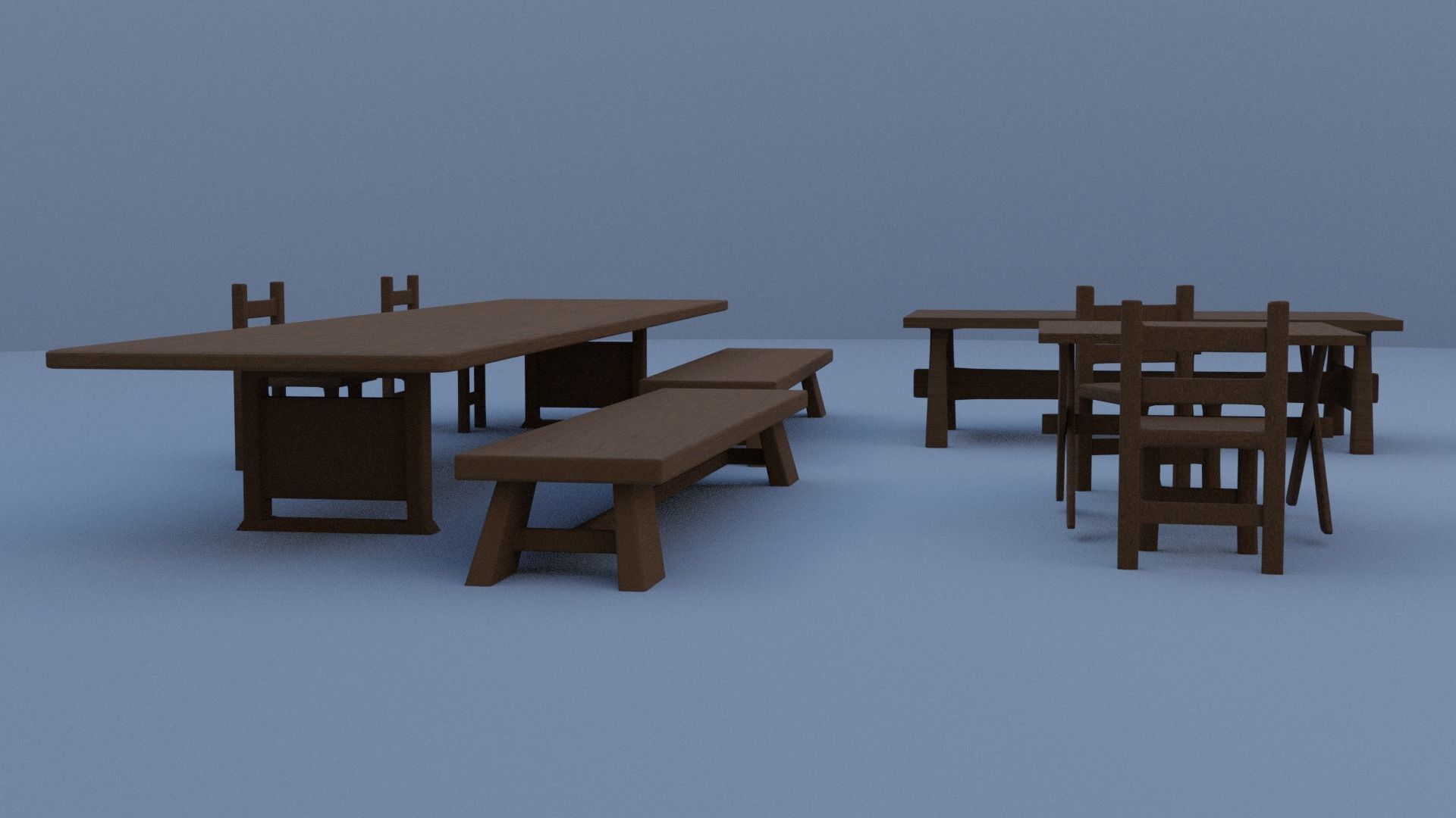 Medieval tables and chairs Low-poly 3D model_2