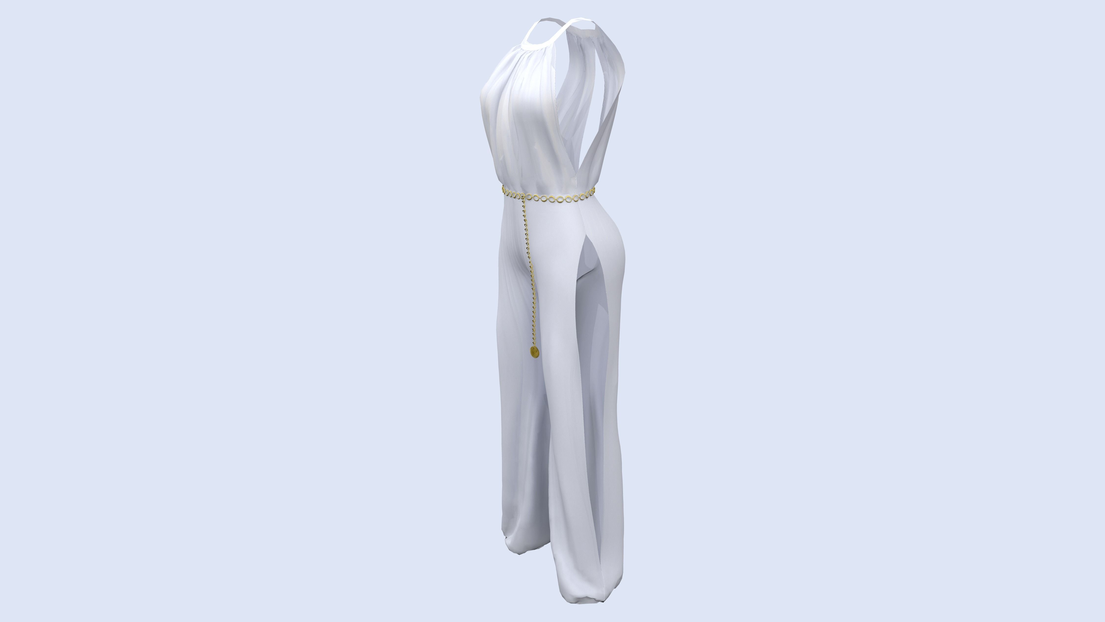 Ladies Side Slit Jumpsuit With Chain Belt Low-poly 3D model_3