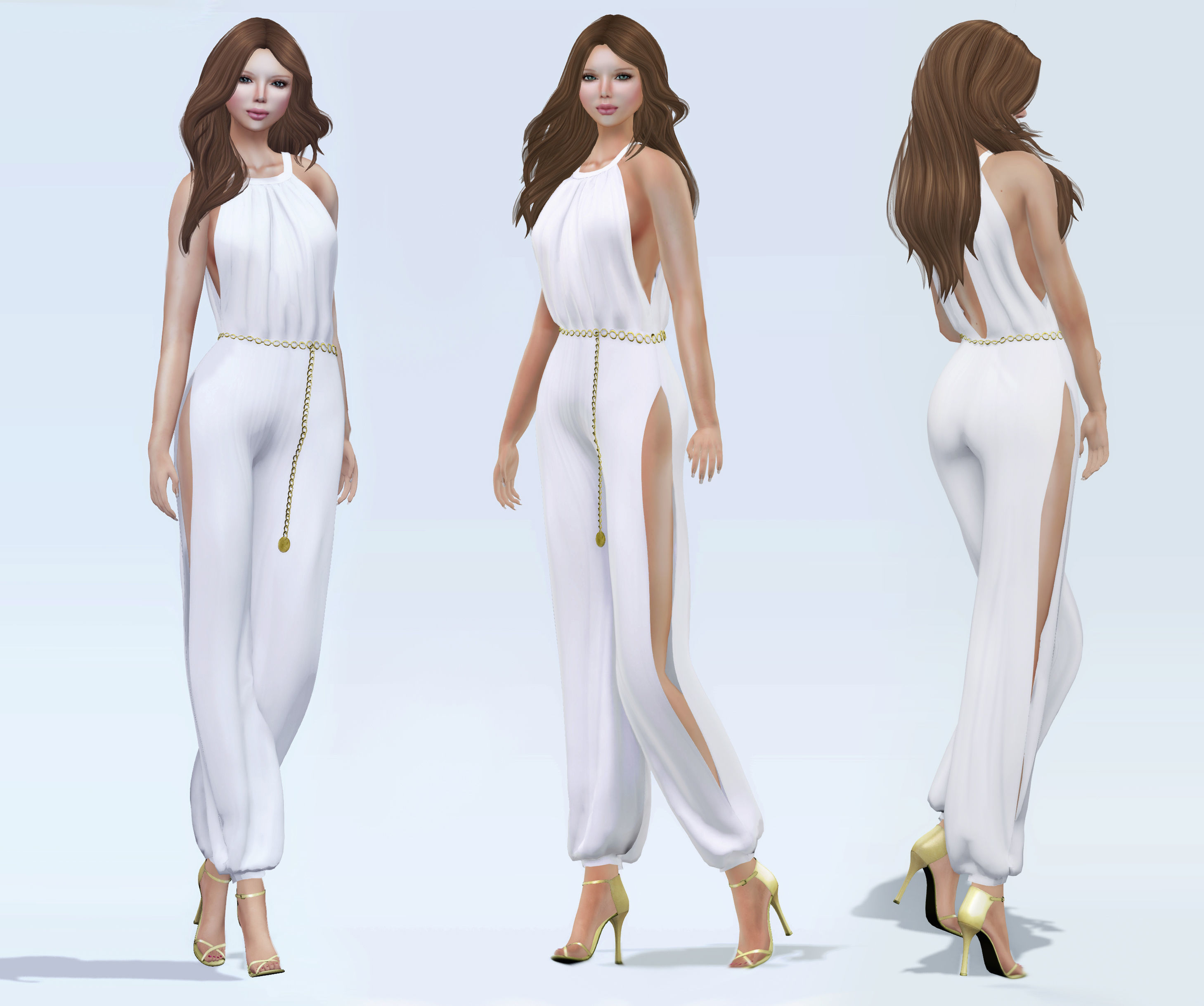 Ladies Side Slit Jumpsuit With Chain Belt Low-poly 3D model_2
