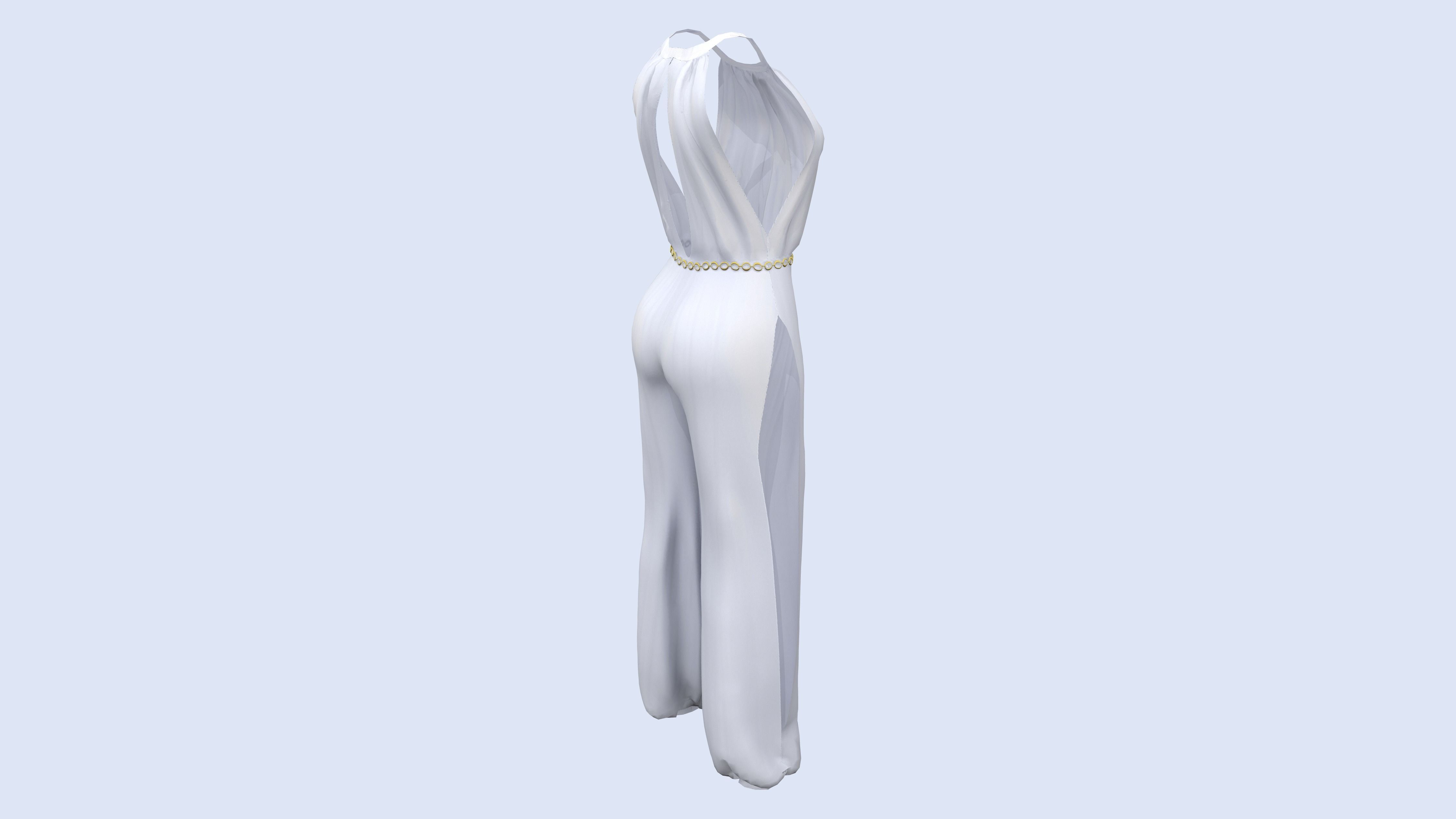 Ladies Side Slit Jumpsuit With Chain Belt Low-poly 3D model_6