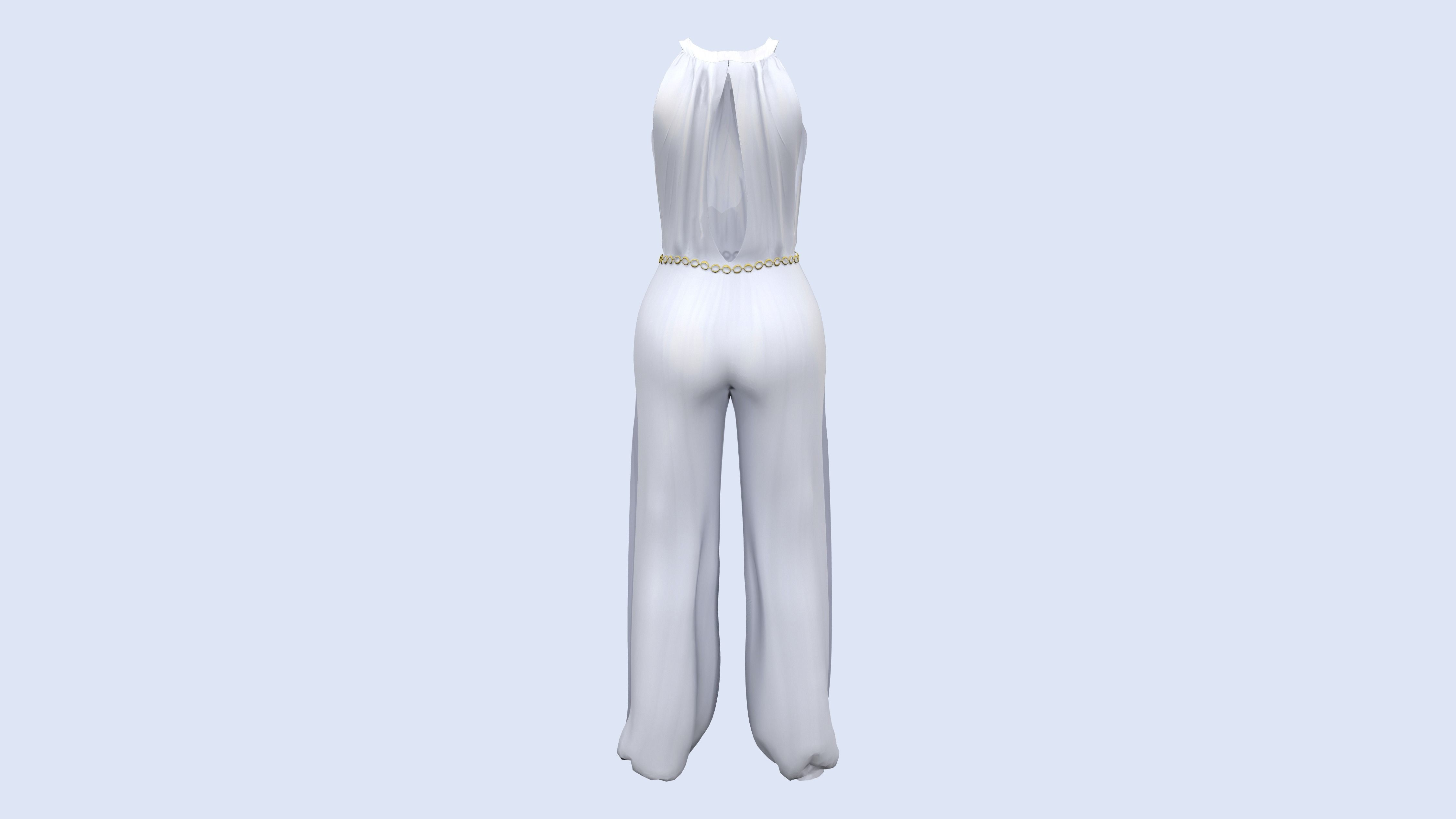 Ladies Side Slit Jumpsuit With Chain Belt Low-poly 3D model_5