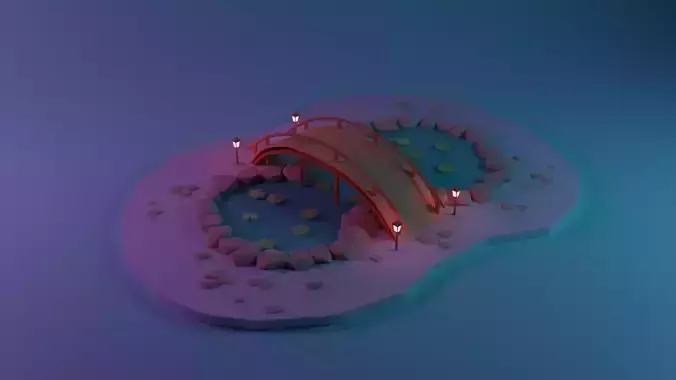 Pond Low Poly bridge in middle of lake