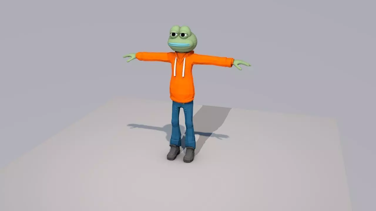low poly pepe frog in orange shirt Low-poly 3D model_0