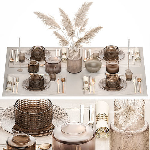 table setting for 4 persons with a bouquet of pampas grass  3D model