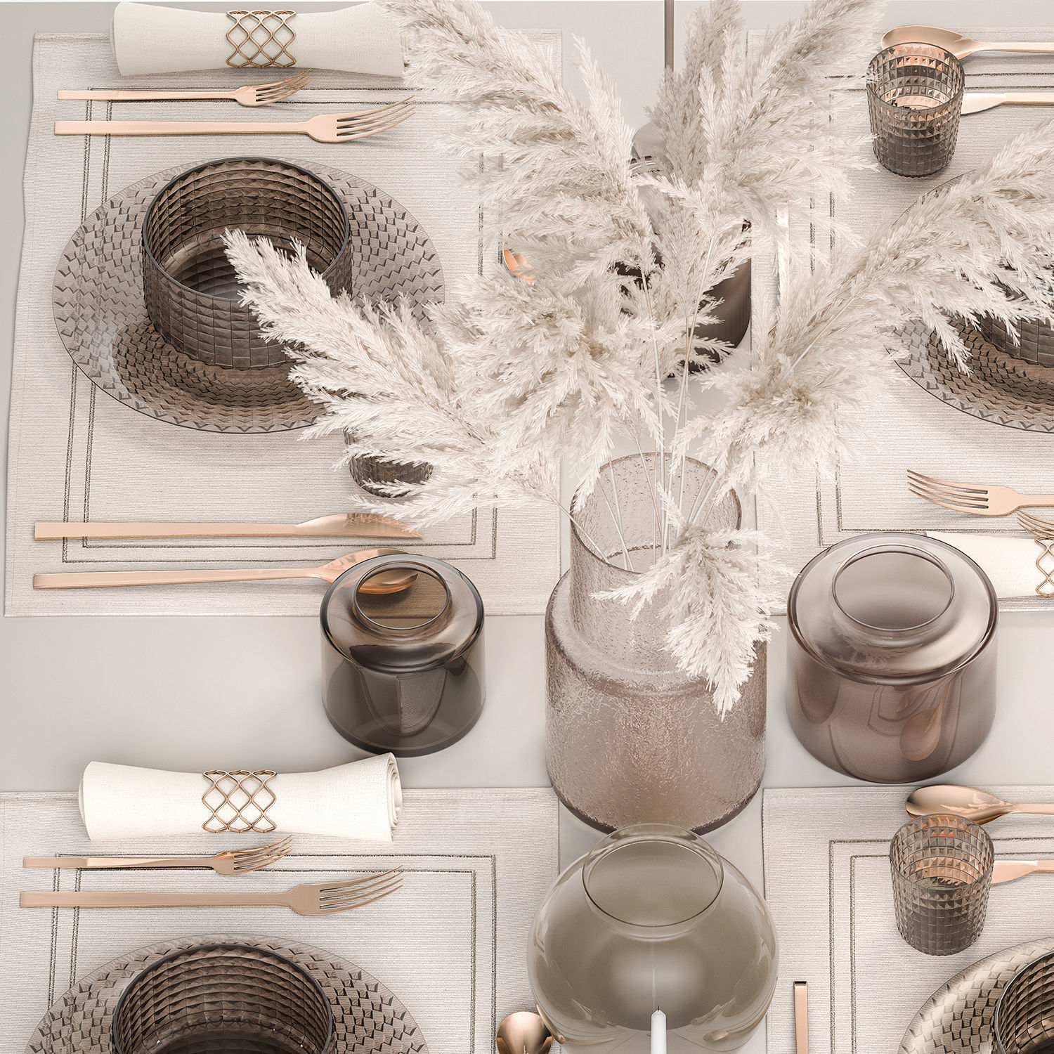 Table setting with a bouquet of white pampas grass 18 3D model_2