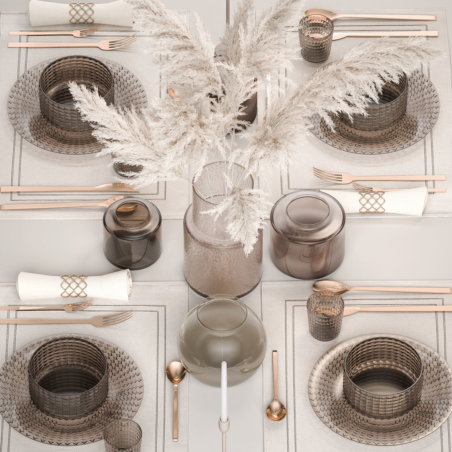 Table setting with a bouquet of white pampas grass 18 3D model_3