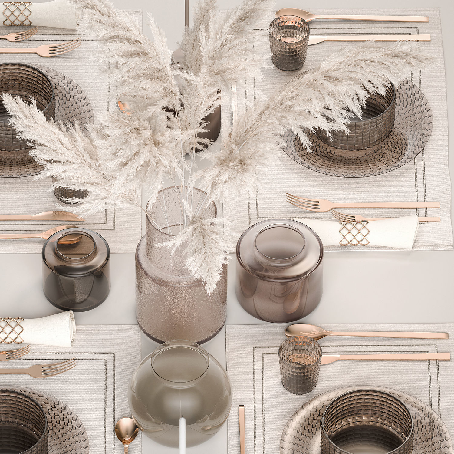 Table setting with a bouquet of white pampas grass 18 3D model_4