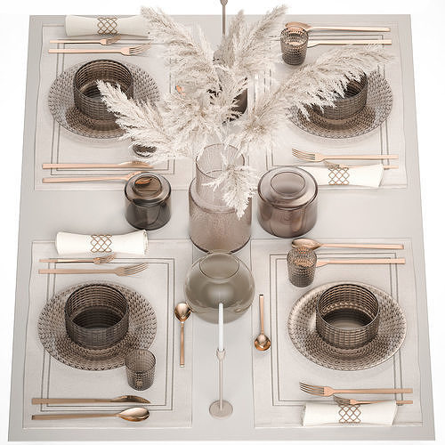 Table setting with a bouquet of white pampas grass 18 3D model