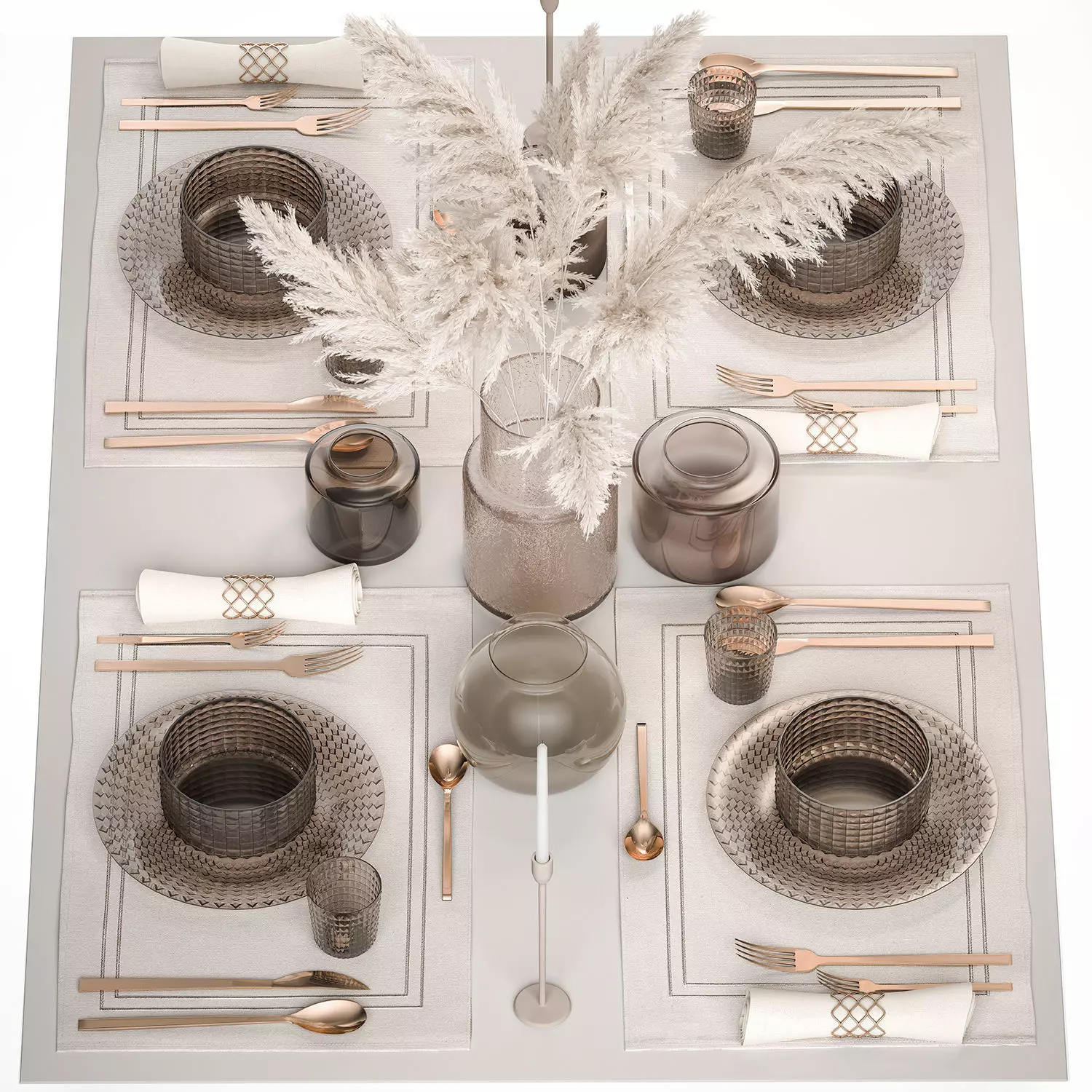 Table setting with a bouquet of white pampas grass 18 3D model_0