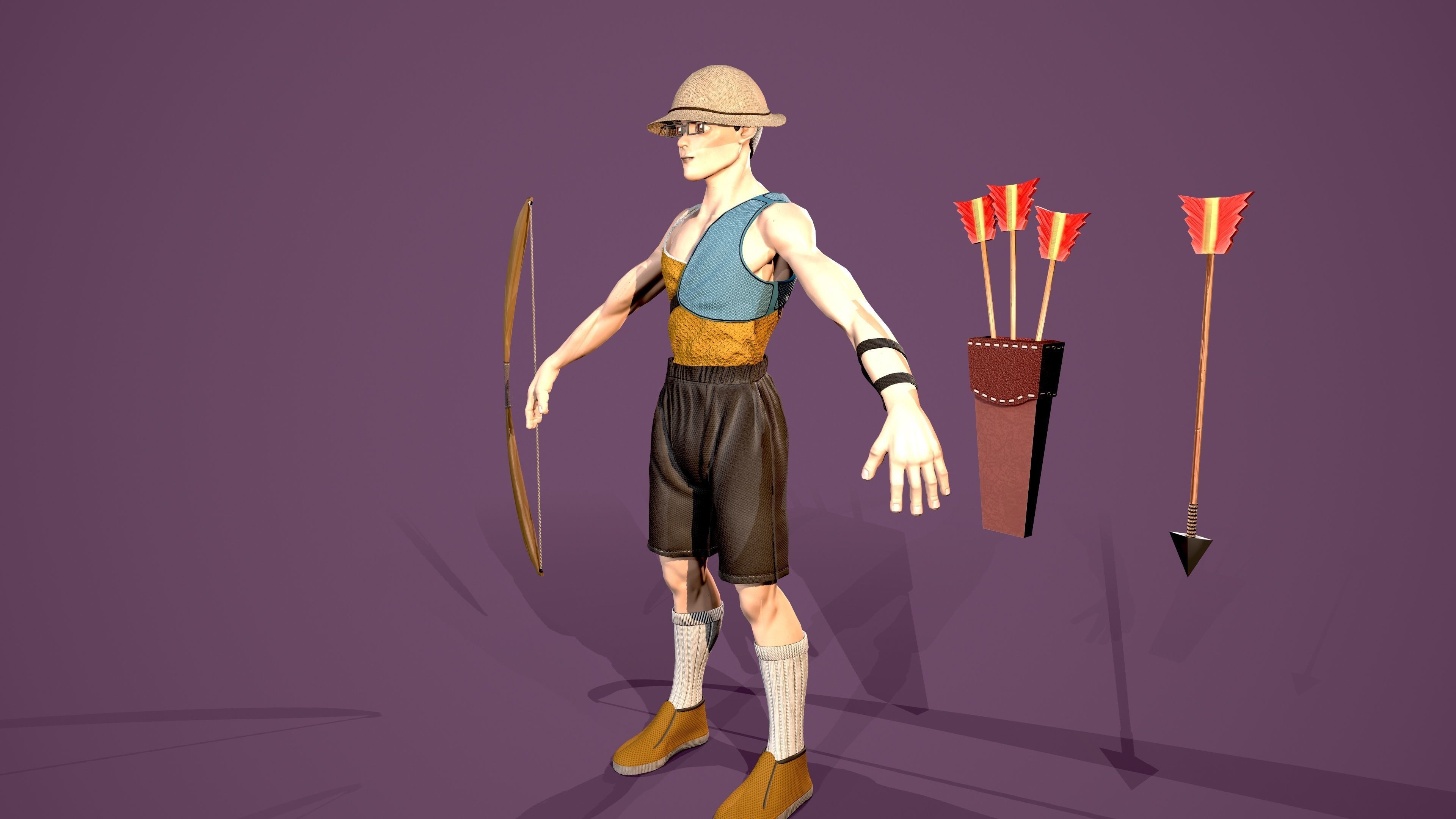Archer boy with bow and arrow Low-poly 3D model_7