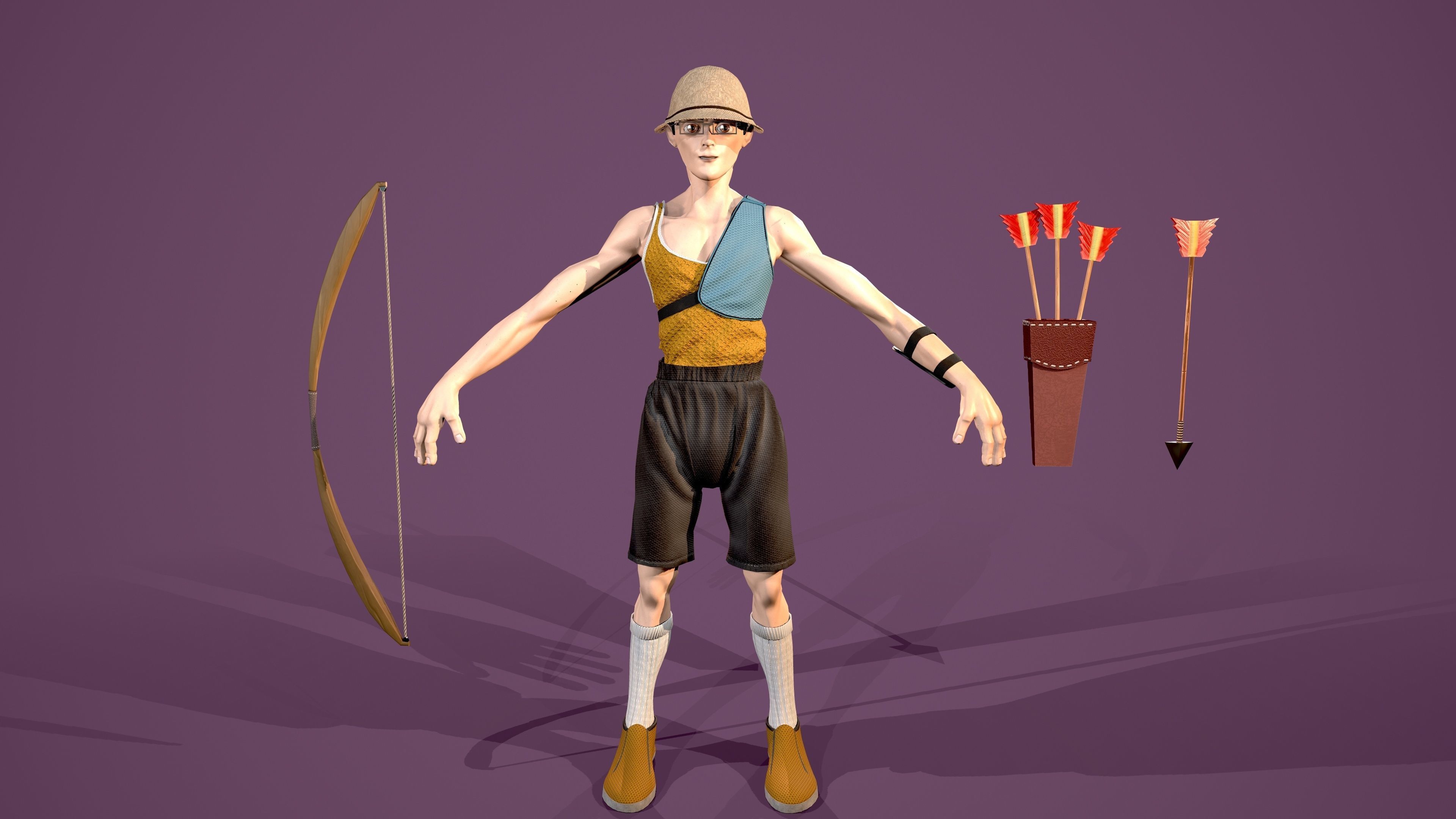 Archer boy with bow and arrow Low-poly 3D model_1
